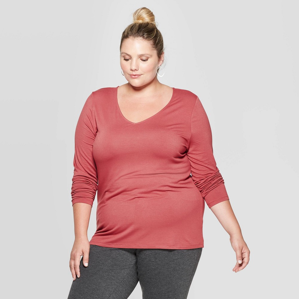 Women's Plus Size Long Sleeve V-Neck T-Shirt - Ava & Viv Mauve 1X, Pink was $12.0 now $8.4 (30.0% off)
