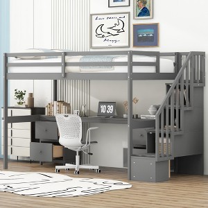 Twin Size Loft Bed Frame with Built-in Desk, Storage Stairs and 4 Drawers - ModernLuxe - 1 of 4