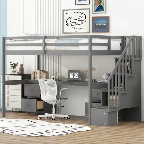 Twin Size Loft Bed Frame with Built-in Desk, Storage Stairs and 4 Drawers - ModernLuxe - image 1 of 4