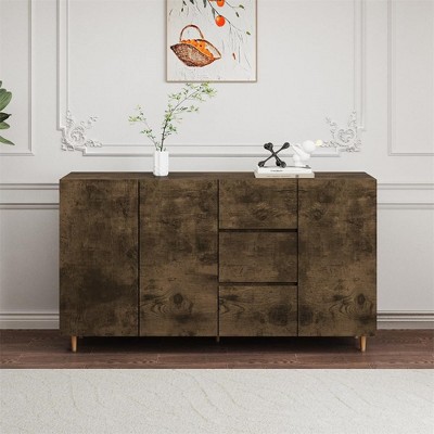 63 Inch Sideboard Buffet Cabinet with Rack Shelf 4 Doors 3 Drawers, Coffee Bar Storage with Metal Legs, Divided Display Storage Sideboard, Brown