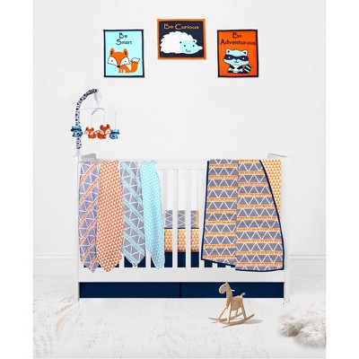 Bacati - Boys Triangles Orange Navy 10 pc Crib Bedding Set with 4 Swaddling Blankets