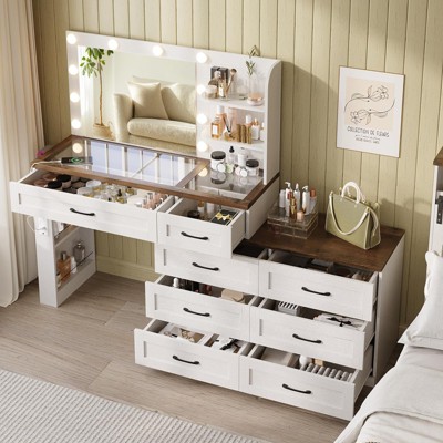 Large Makeup Vanity Desk with Mirror and Lights and 8 Drawers, Glass Top Vanity Dresser Combo, White