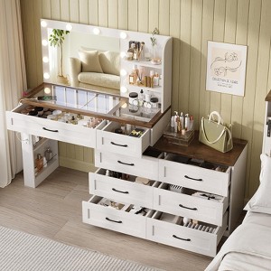 Large Makeup Vanity Desk with Mirror and Lights and 8 Drawers, Glass Top Vanity Dresser Combo, White - 1 of 4