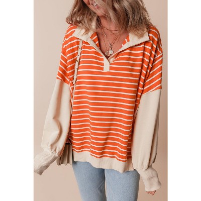 Orange Stripe Color Block Loose Fit Collared Drop Shoulder Sweatshirt