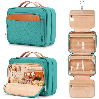 Women's Travel Hanging Toiletry Bag with Jewelry Compartment, Medium Waterproof Hanging Makeup Accessory Bag, Toiletry Set with Trolley Strap, Blue