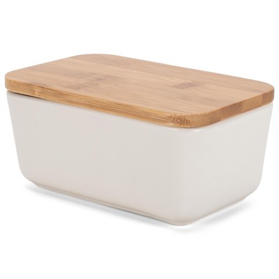 Nat & Jules Matte Cream 6.5 x 4 Ceramic and Bamboo Butter Dish With Lid