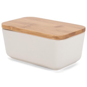 Nat & Jules Matte Cream 6.5 x 4 Ceramic and Bamboo Butter Dish With Lid - 1 of 4