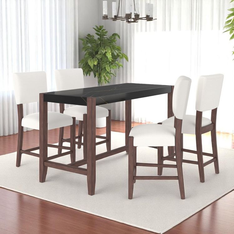 5-Piece Counter Height Dining Table Set with Faux Marble Top and 4 Upholstered Chairs, Solid Wood Frame, Space-Saving Kitchen Furniture, 1 of 8