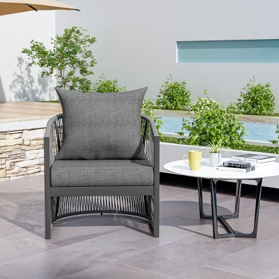 Modern Curved Back Aluminum Patio Accent Arm Chair,Outdoor Poolside Lounge Chair,Woven Rope Back Garden Armchair with Cushion-Coolbibila