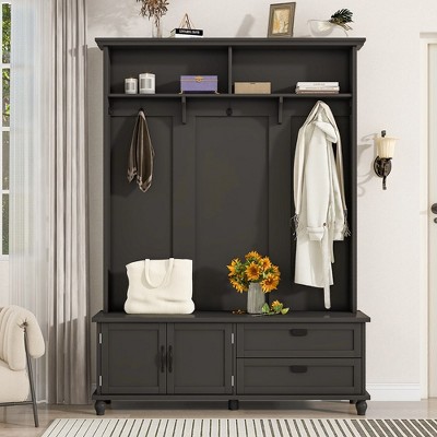 Modern Style Hall Tree With Storage Cabinet 2 Large Drawers Widen Mudroom Bench With 5 Coat Hooks For Entryway Living Room
