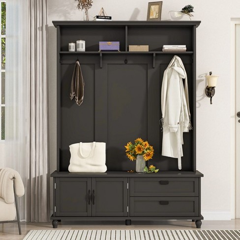 Modern Style Hall Tree With Storage Cabinet 2 Large Drawers Widen ...