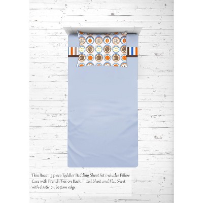 Bacati - Mod Sports Blue Orange Beige Chocolate 3 pc Toddler Sheet Set