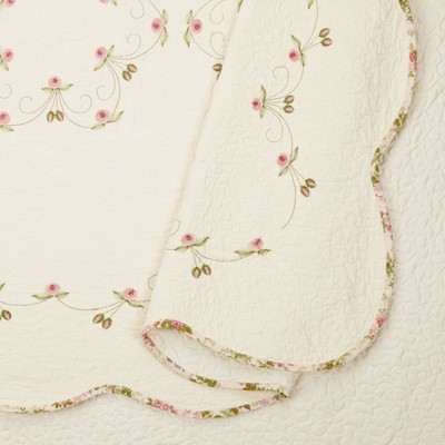 Twin Pink Cotton Embroidered Quilt Set with Scalloped Edges