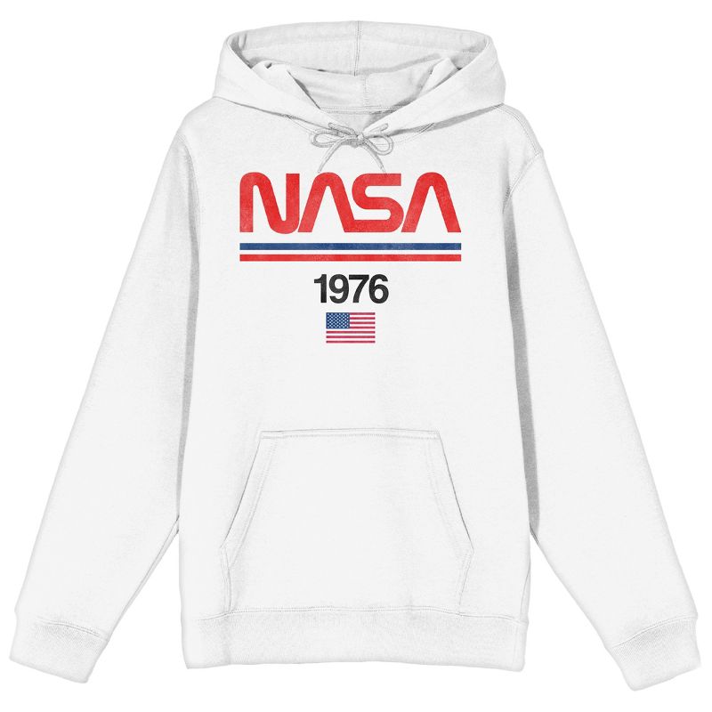 NASA 1976 Flag Logo Long Sleeve Men's White Hooded Sweatshirt, 1 of 4