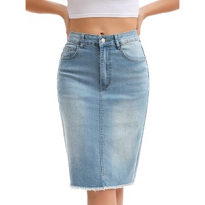 INSPIRE CHIC Women's Raw Hem High Waisted Pockets Stretch Knee Length Jean Denim Skirt - 1 of 4