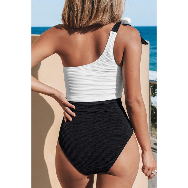 Women's One Piece Swimsuit Color Block One Shoulder Bowknot Bathing Suit  - Cupshe, 3 of 4