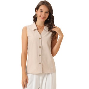 INSPIRE CHIC Women's Sleeveless V-Neck Button Down Collared Linen Blouses - 1 of 4