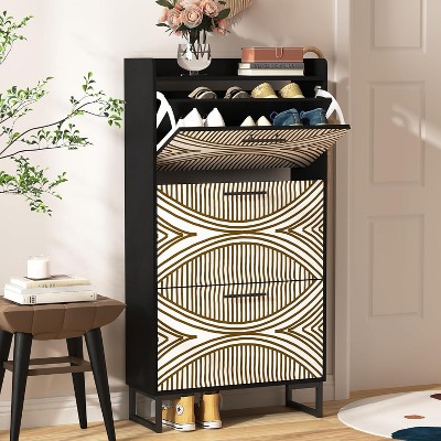 CIPACHO Black Slim Hidden Shoe Cabinet with 3 Flip Drawers Metal Legs for Entryway Hallway Living Room