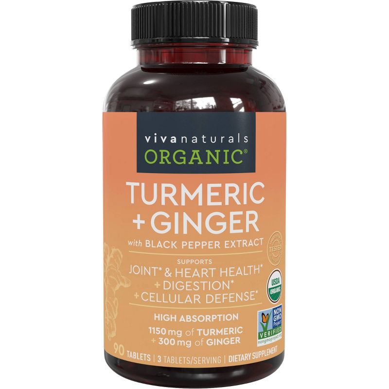 Viva Naturals Organic Turmeric Curcumin + Ginger with Organic Black Pepper Extract Tablets - 90ct, 1 of 9