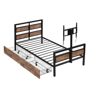 YOOCOZZ Twin Metal Bed with Drawers & Swivel TV Stand - Black - 1 of 4