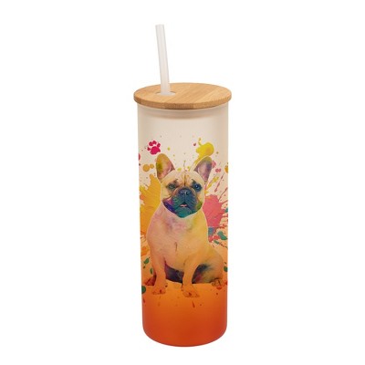 100 North 25 Ounce Frosted Glass Gradient Travel Tumbler With Straw & Wooden Lid, French Bulldog Paint Splatter Orange