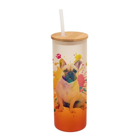 100 North 25 Ounce Frosted Glass Gradient Travel Tumbler With Straw & Wooden Lid, French Bulldog Paint Splatter Orange - image 1 of 4