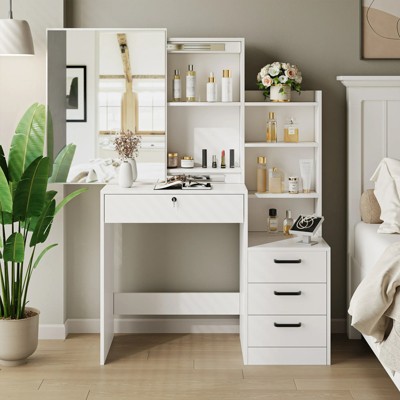 SUGIFT 4 Drawers Vanity Desk with Sliding Mirror