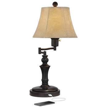 Regency Hill Traditional Desk Table Lamp Swing Arm with Hotel Style USB Charging Port 21.75" High Bronze Metal Faux Leather Bell Shade for Bedroom
