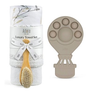 La’dore Plush Baby Towel, Washcloth & Brush & Pop-it Balloon Rattle Gift Set – Soft Cotton Baby Towel, Gentle Brush, BPA-Free Sensory Toy for Newborns - 1 of 4