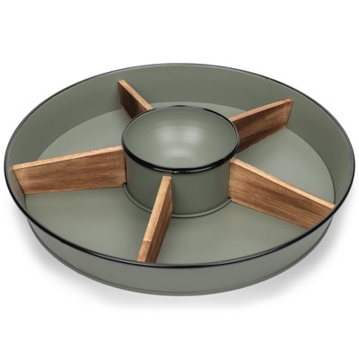 Nat & Jules Wood Partitions Matte Green 16 inch Metal Enamel Divided Chip and Dip Tray