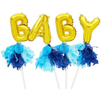 Sparkle and Bash Gold Foil "BABY" Balloons Cake Topper Letters 7.5" with Blue Tassels Baby Shower Party Decorations