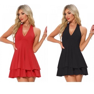INSPIRE CHIC Women's Halter Party Deep V Neck Backless Layer Mini Dress 2 Packs - 1 of 4
