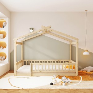 Racxily House Bed Frame, Wooden Fenced Design for Kids & Teens - 1 of 4