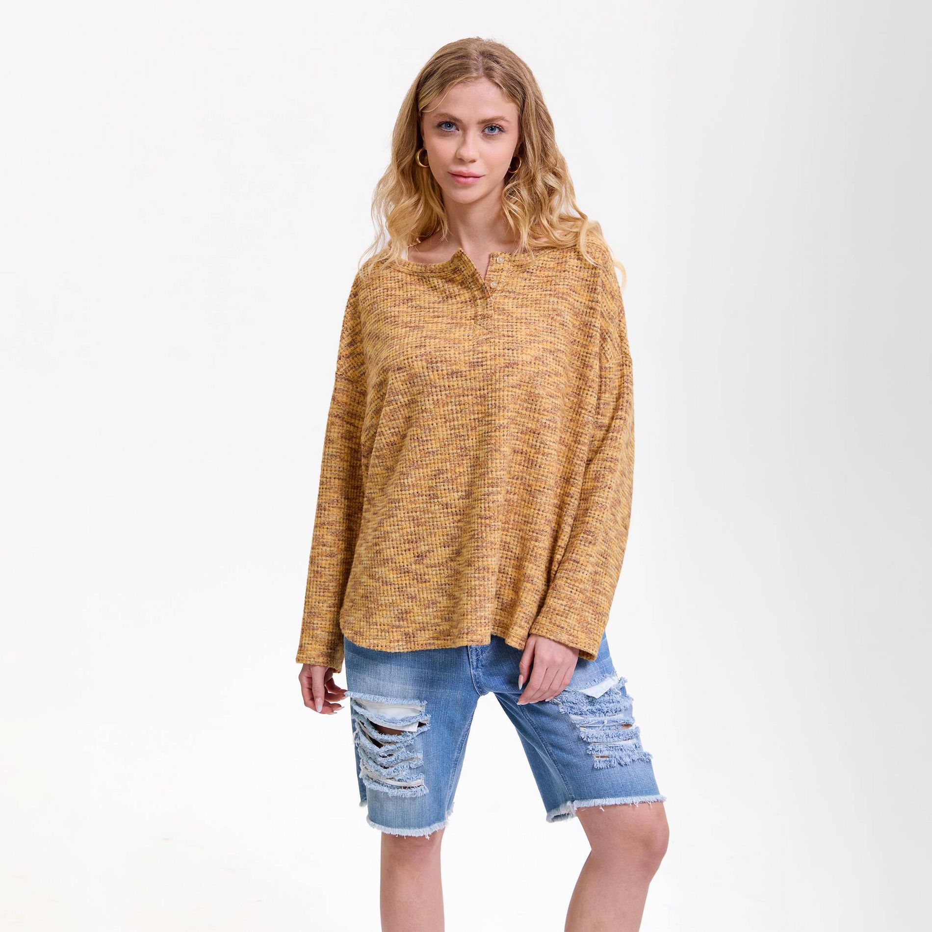Women's Waffle Knit Sweatshirt - Wild Fable™ Yellow Abstract XL/XXL