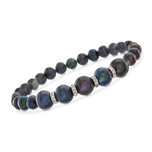 Ross-Simons 6-8.5mm Black Cultured Pearl and .25 ct. t.w. Diamond Stretch Bracelet in Sterling Silver Size 8 - 1 of 4