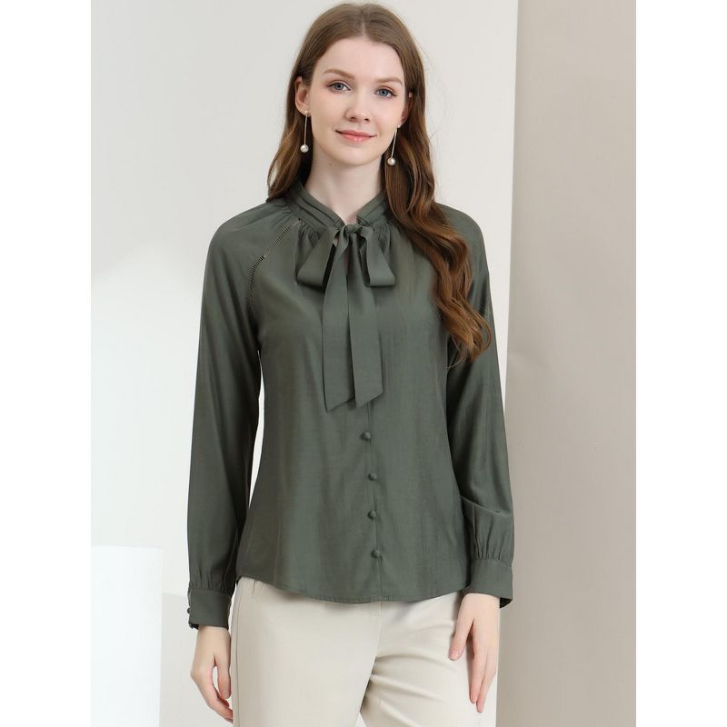 Allegra K Women's Work Office Long Sleeve Button Decor Elegant Bow Tie Neck Blouse, 3 of 8