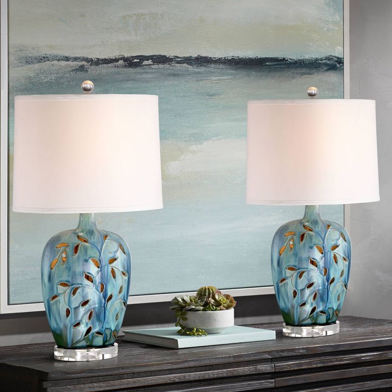 360 Lighting Devan Modern Table Lamps 24 1/2" High Set of 2 Blue Ceramic with LED Nightlight White Oval Shade for Bedroom Living Room Bedside House, 2 of 10