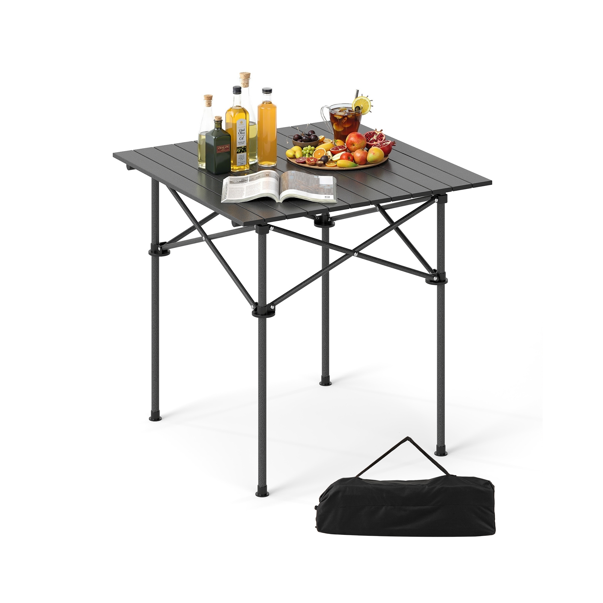 Costway Folding Roll-up Camping Table w/Metal Legs Carry Bag for Picnic Hiking BBQ Black