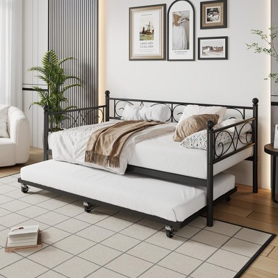 Twin Daybed with Trundle Bed, Heavy Duty Metal Twin Bed Frame with Pull Out Trundle