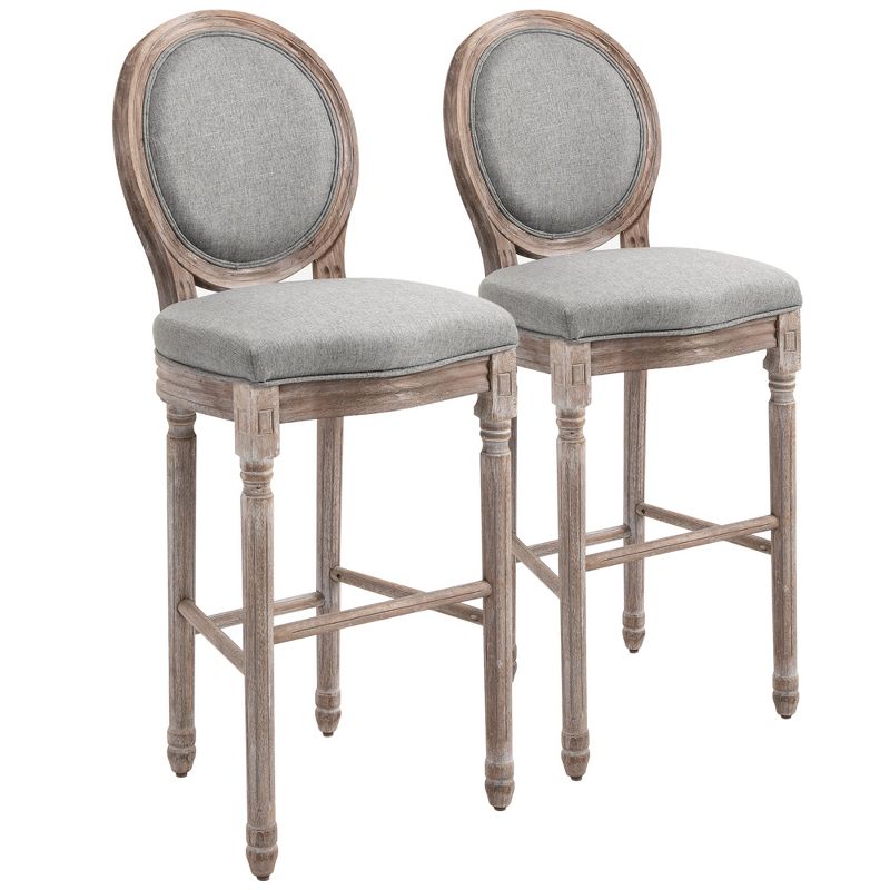 HOMCOM Vintage Bar Stools Set of 2, Wood Barstools Accent Chairs with Soft Linen Cushions & Footrest, 29.5" Seat Height, 1 of 9