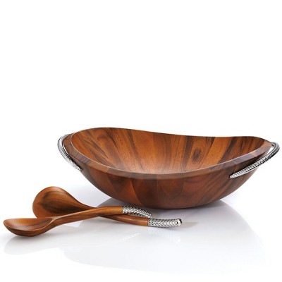 Nambe Braid Acacia Wood & Chrome Plate Salad Bowl w/ Servers, Bowl: 20” L x 16” W x 4.5” H. Servers: 12” L x 3.2” W, Natural Finish