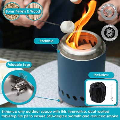 Blue Stainless Steel Tabletop Smokeless Fire Pit with Foldable Legs