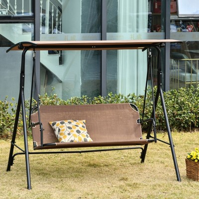 Brown Steel Frame 2-Seater Patio Swing Chair with Adjustable Canopy