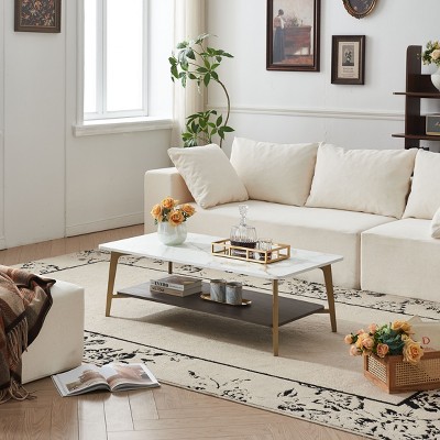 NicBex Modern Rectangular Coffee Table with Metal Frame,47.2" Long End Table with Open Storage,Spacious Living Room Center Table,Golden+White