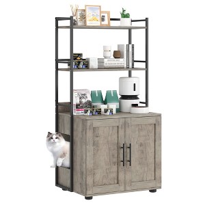 Cat Litter Box Enclosure, 2-in-1 Cat Litter Box Furniture Hidden with 2 Tier Storage Shelves and Doors, Wooden Cat House - 1 of 4