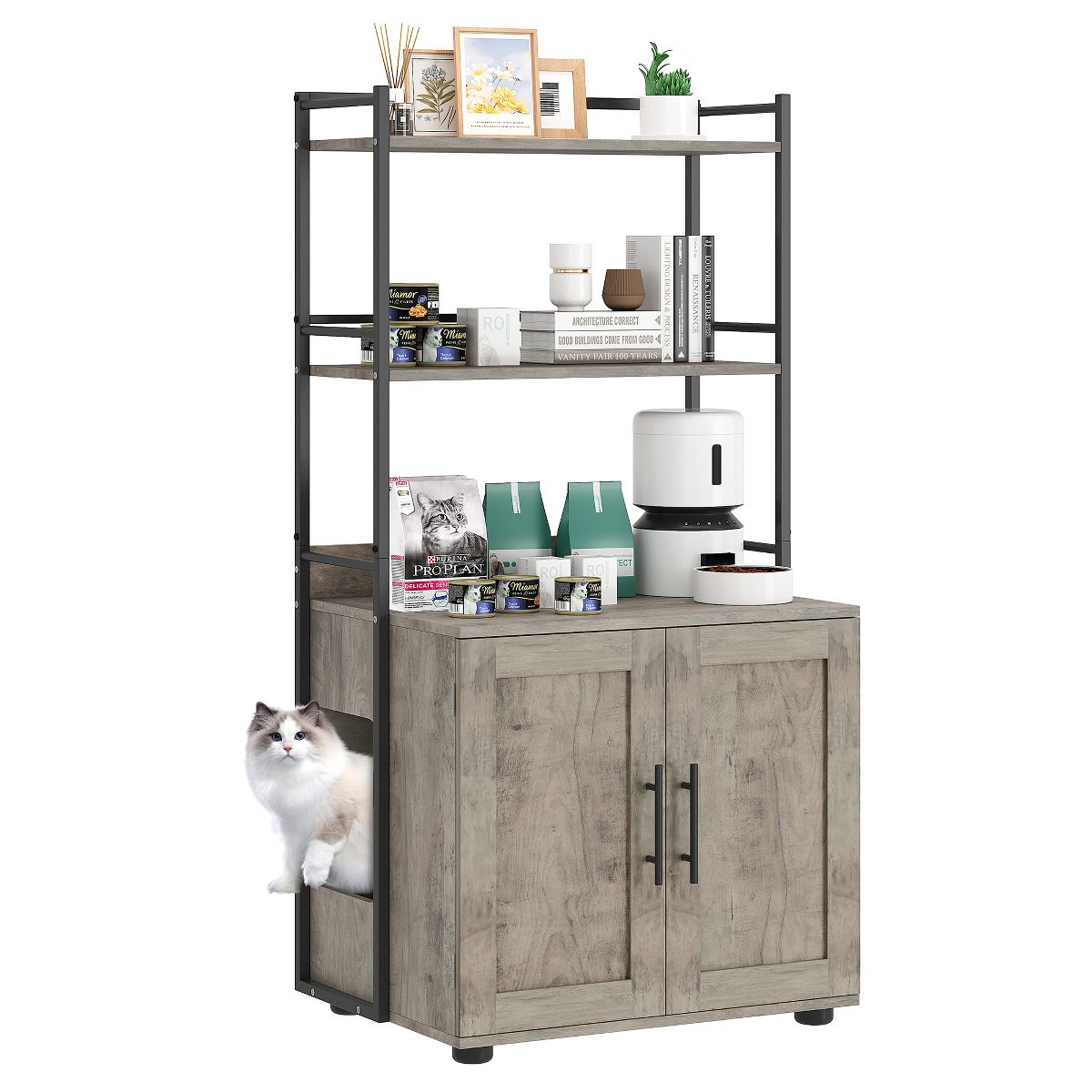 Cat Litter Box Enclosure with Storage Shelves, 2-in-1 Hidden Furniture Cabinet for Indoor Cat House with Door, Grey - thumbnail 6