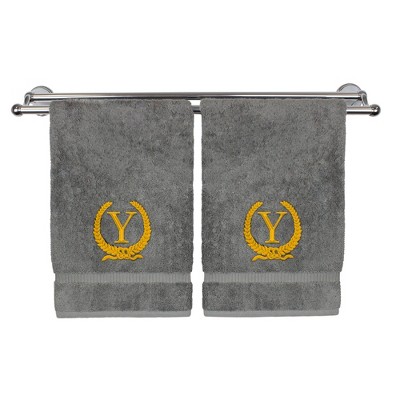 BC BARE COTTON Monogrammed Hand Towel, 100% Turkish Cotton - Set of 2 - Gray - Gold Wreath