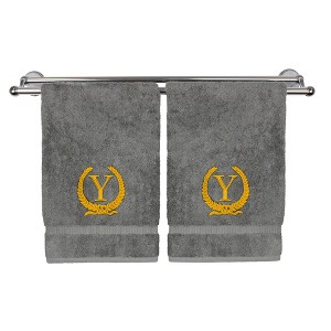 BC BARE COTTON Monogrammed Hand Towel, 100% Turkish Cotton - Set of 2 - Gray - Gold Wreath - 1 of 4