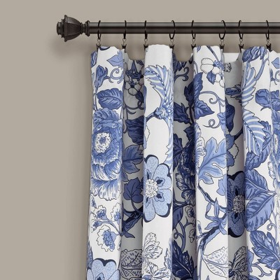 Navy and White Floral Blackout Polyester Curtain Panels