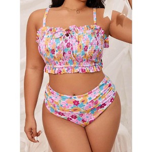 Plus Size Womens Swimsuits Sets Smocked Floral Square Neck Bikini Swimsuit Set - 1 of 4